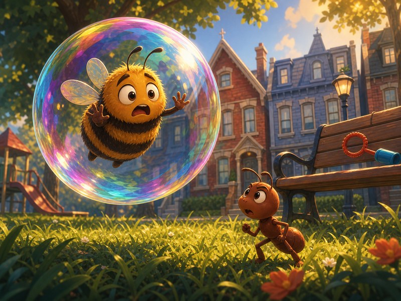 Filip the Little Ant and the Bubble: A giant rainbow bubble gently traps Junie the bee while Filip looks up in surprise.