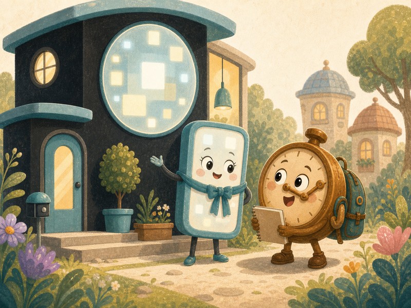 Tick Tock's Grand Adventure: Ms. Digital shows Tick Tock her tidy glowing house with blinking number-like lights.