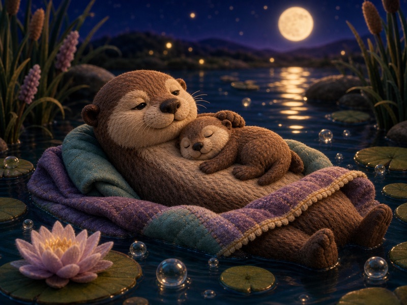 Milo's Bubble Bedtime: Mama otter resting one paw on baby Milo's back while they stay very still and listen together on the pond, warm reassuring picture-book art