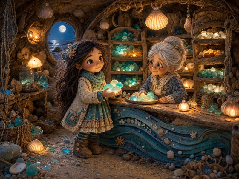 The Sea-Glass Post Office: Inside a hidden sea-glass post office under the beach, driftwood shelves filled with glowing colored sea glass, shell lamps, and a small