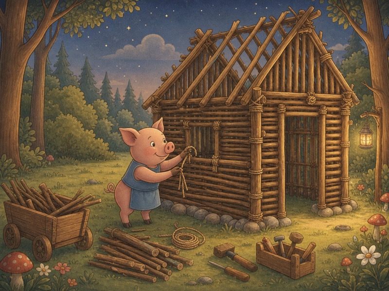The Tale of the Three Little Pigs: The second little pig carefully tying smooth sticks into a cozy little wooden cabin at the edge of the forest, tools and a cart of sticks nearby,