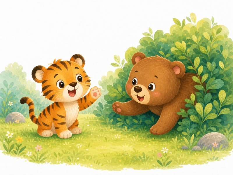 Five Little Friends: Little Bear rolling from a bush to greet Little Tiger.