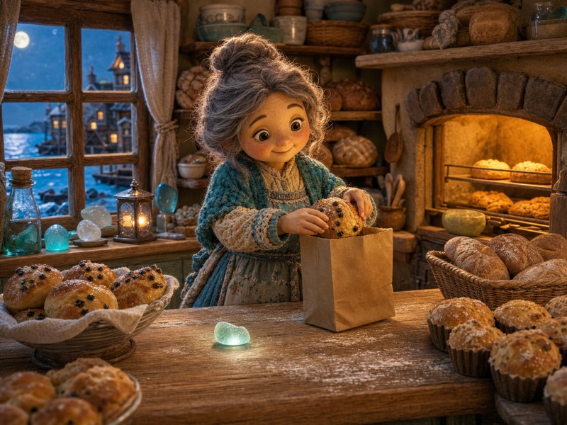 The Sea-Glass Post Office: A cozy bakery scene with Mrs. Fig placing currant buns in a paper bag while a clear glowing piece of sea glass rests on the counter, warm oven light