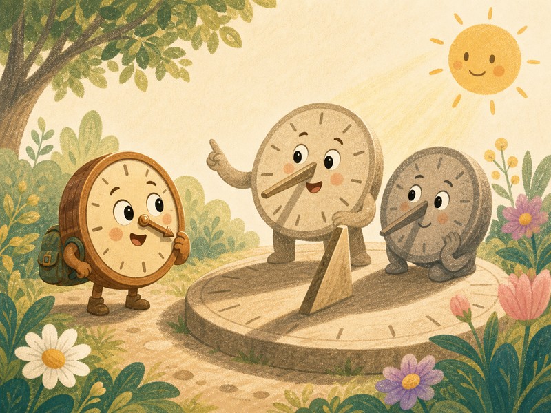 Tick Tock's Grand Adventure: Sunny and Shadow teach Tick Tock how a sundial uses sunlight in the big garden.