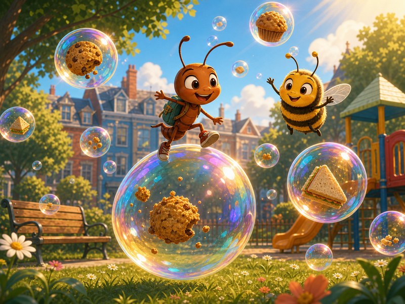 Filip the Little Ant and the Bubble: Filip bounces from bubble to bubble while crumbs float inside the shiny bubbles.