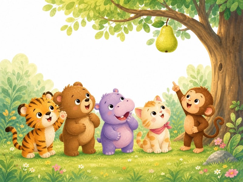 Five Little Friends: The five little friends looking up at a big pear high in a tree.