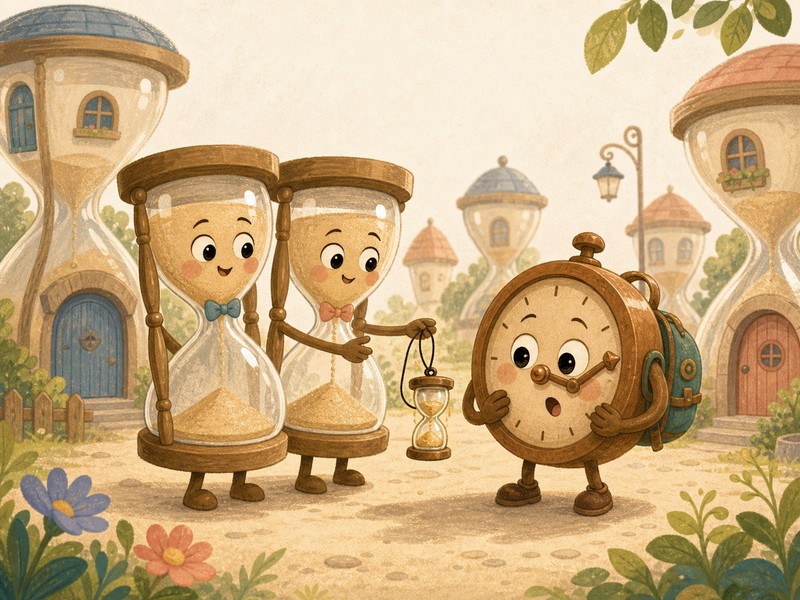 Tick Tock's Grand Adventure: Sandy and Grains give Tick Tock a tiny pocket hourglass on a quiet sandy street.