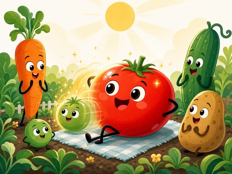 A Day in Vegetable Village: Mr. Tomato turning bright red in warm sunshine.