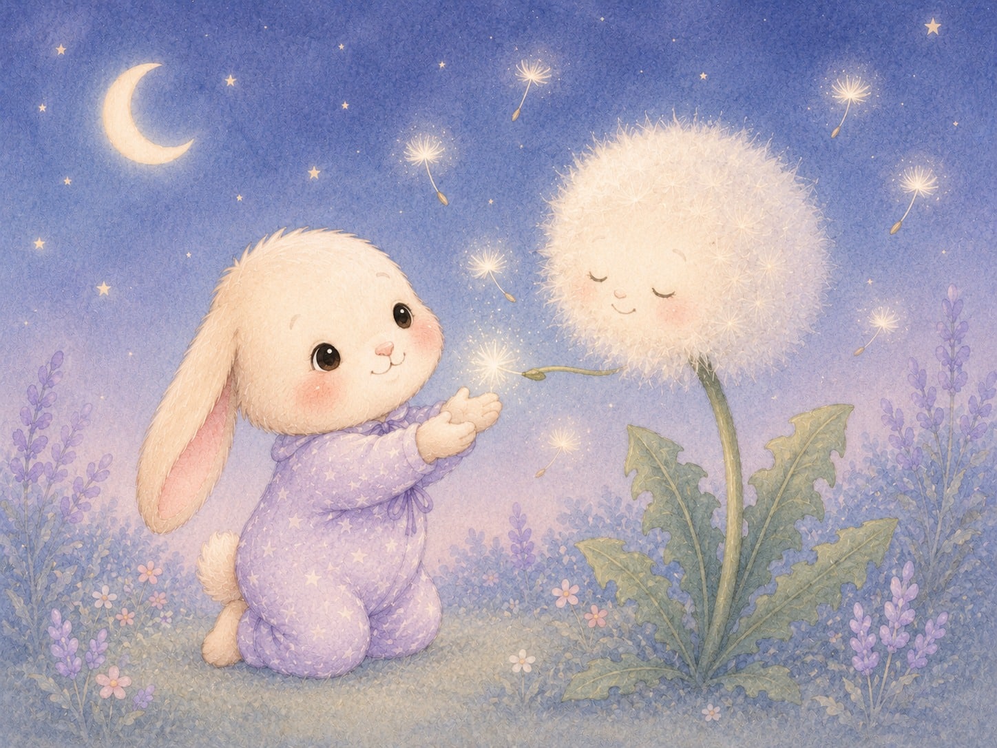 Moonlit Dandelion Fluff scene from Luna and the Sleepy Star