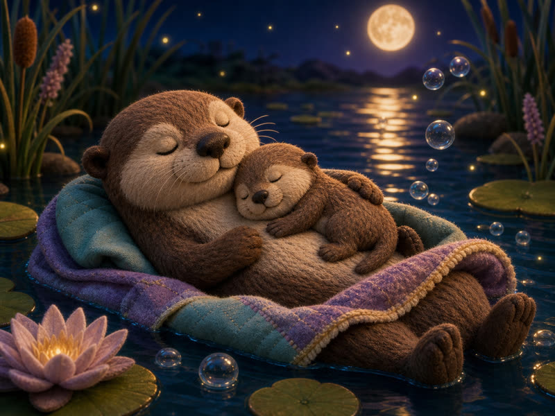 Milo's Bubble Bedtime: A peaceful bedtime ending with the baby otter asleep under Mama otter's chin on the quiet pond while the last soft bubbles rise nearby, cozy