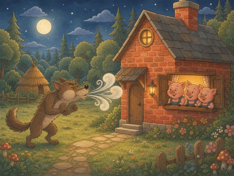 The Tale of the Three Little Pigs: A comical non-scary wolf huffing outside the sturdy brick house while the three little pigs peek safely from a window, the house stands firm, forest
