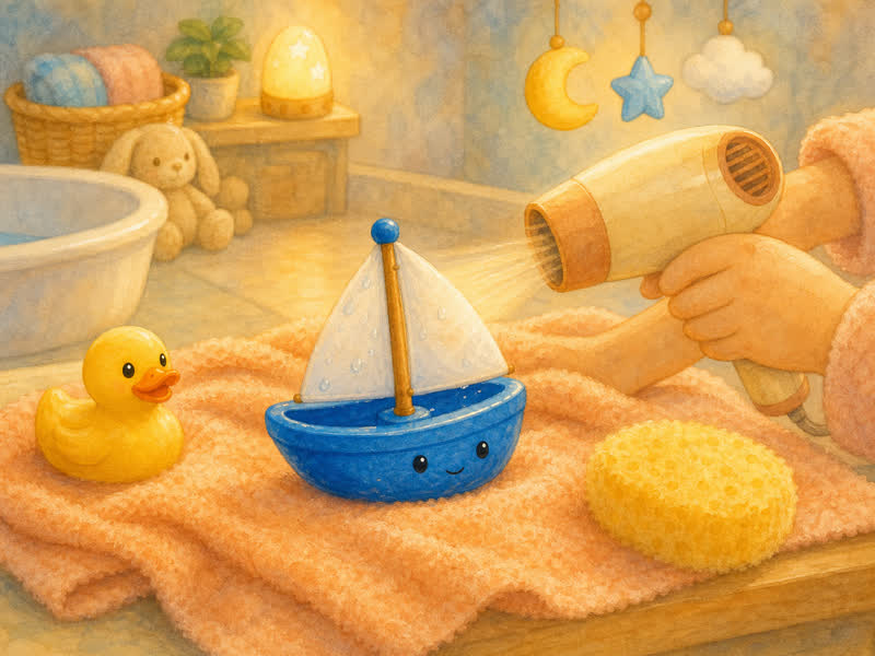 The Little Blue Boat's Wet Sail: Mama safely drying the little blue boat's white sail with a warm hair dryer while the boat sits on a dry towel far away from the bath water, yellow