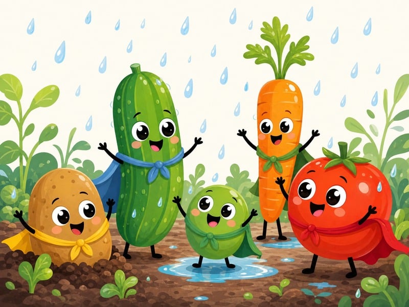 A Day in Vegetable Village: Cucumber and Pea enjoying a gentle afternoon rain shower.