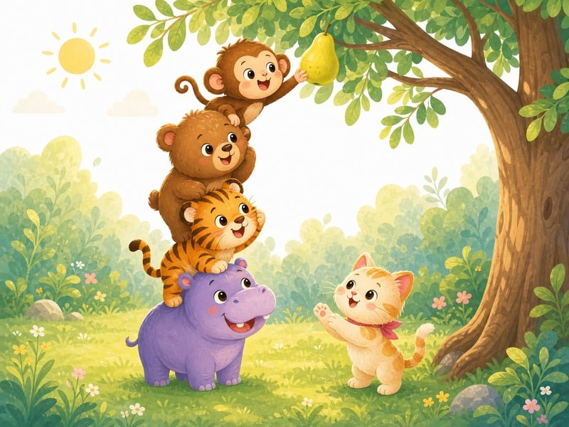 Five Little Friends: The friends helping each other reach the pear while Little Kitty waits to catch it.