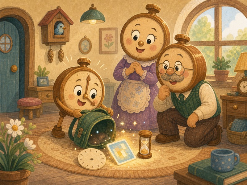 Tick Tock's Grand Adventure: Tick Tock empties his backpack at home and shows his family the treasures from his adventure.