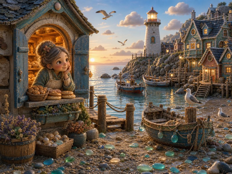 The Sea-Glass Post Office: A quiet harbor morning in Brinewick with the white lighthouse standing silent across the water, Mrs. Fig looking from her warm bakery window, small