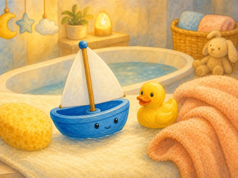 The Little Blue Boat's Wet Sail: The little blue boat smiling with its dry white sail lifted again, yellow duck smiling beside it, warm towel and sponge nearby, bath water still far