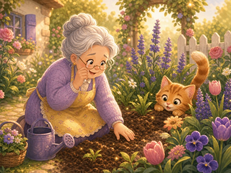 Auntie Marguerite's Garden (and one very naughty tail): Auntie Marguerite notices the soft soil and healthy flowers where the cat had been digging.
