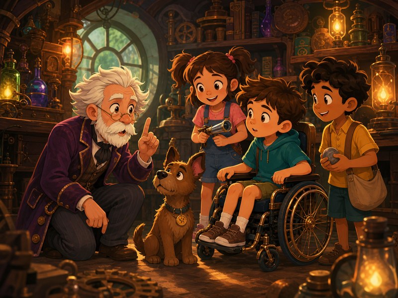 Wheels of Wonder: Professor Tobias explains the secret of Albert while Max, Sara, Luis, and the dog listen in the workshop.