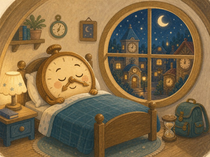 Tick Tock's Grand Adventure: Tick Tock falls asleep peacefully while Clockville ticks softly outside.
