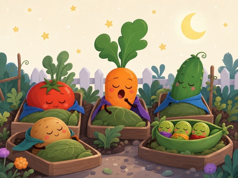 A Day in Vegetable Village: The vegetable friends falling asleep under little stars.