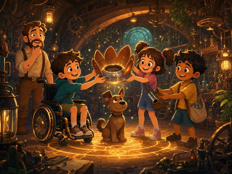 Wheels of Wonder: The children hold a silver flower-shaped helmet over the brown dog in a glowing underground workshop.