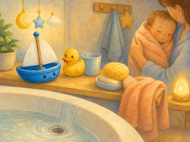 The Little Blue Boat's Wet Sail: Final peaceful bedtime scene: bath water draining gently, the little blue boat resting on a shelf, yellow duck beside the cup, sponge by the soap,