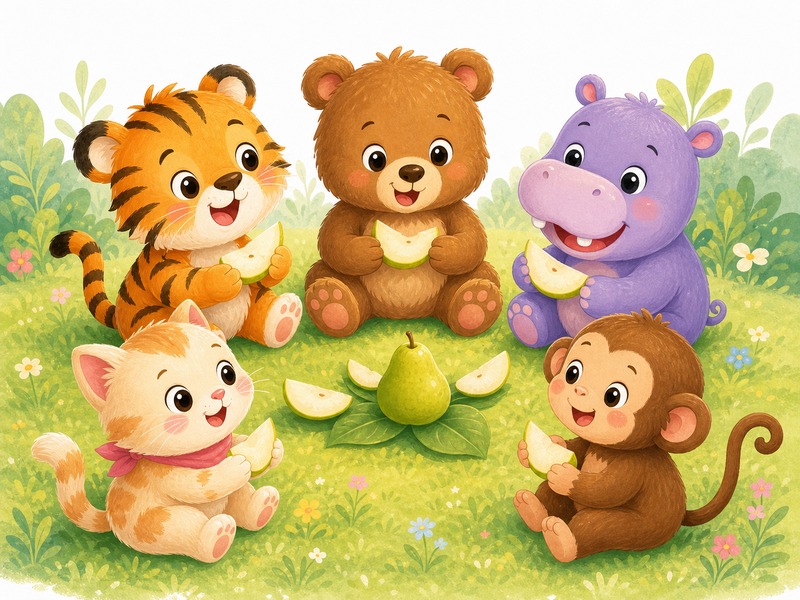 Five Little Friends: Five little friends sharing one pear in five pieces.