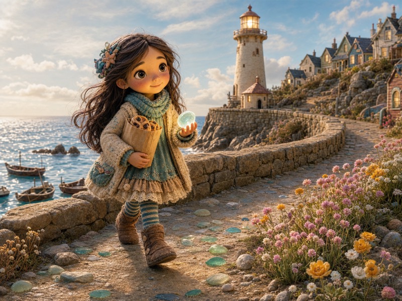 The Sea-Glass Post Office: Isla walking along the warm harbor wall toward the lighthouse, carrying a small paper bag of currant buns and a glowing clear sea-glass message,