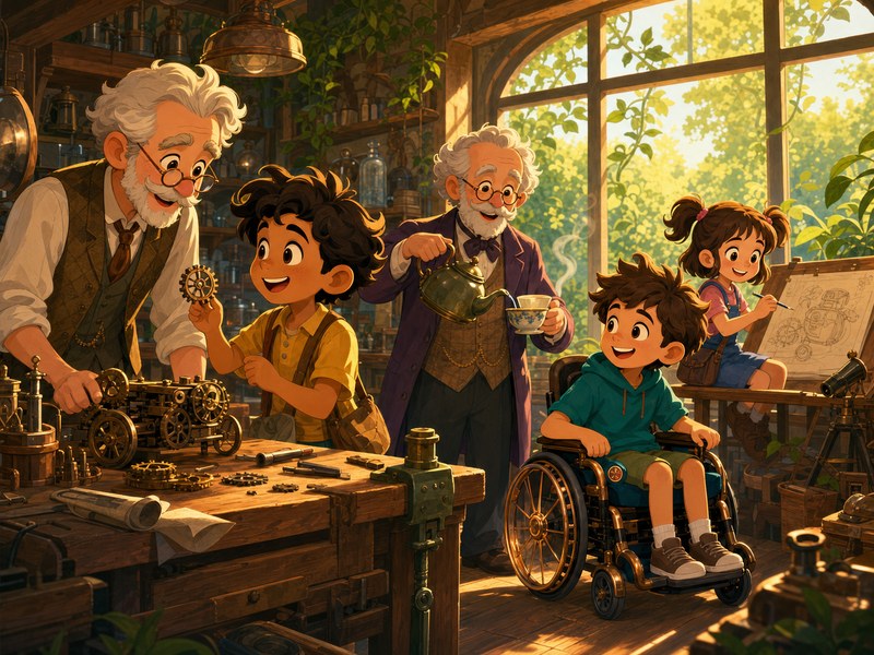 Wheels of Wonder: Max, Sara, Luis, Tobias, and Albert work together in the bright workshop on the next wonderful invention.