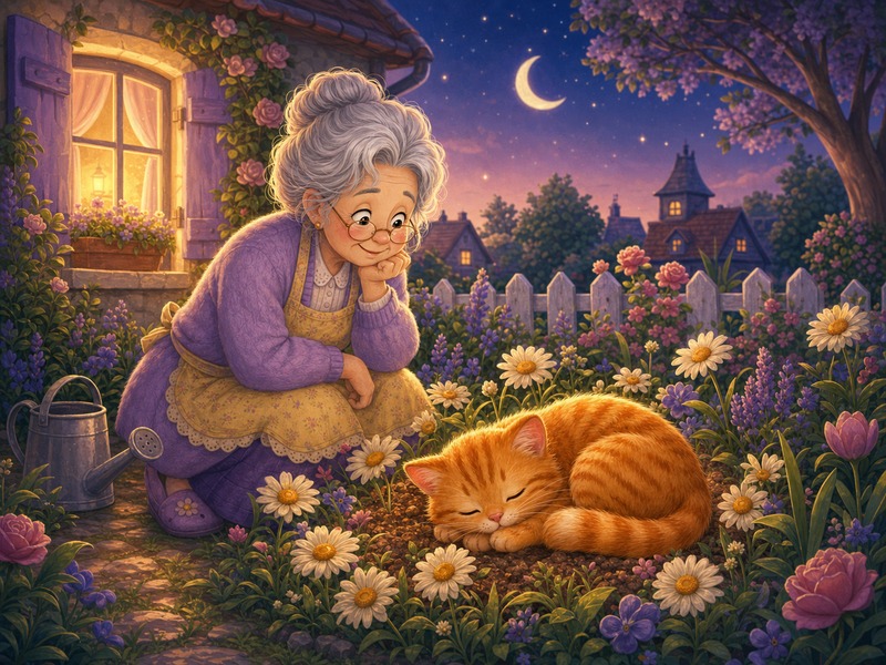 Auntie Marguerite's Garden (and one very naughty tail): Digsy sleeps curled among daisies while Auntie Marguerite smiles in the moonlit garden.