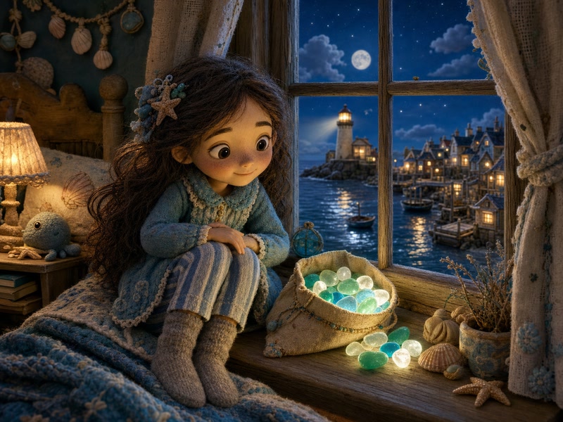 The Sea-Glass Post Office: Near the end of the story, Isla sits beside her bedroom window at night with a tiny canvas pouch of green, white, and blue sea glass glowing softly