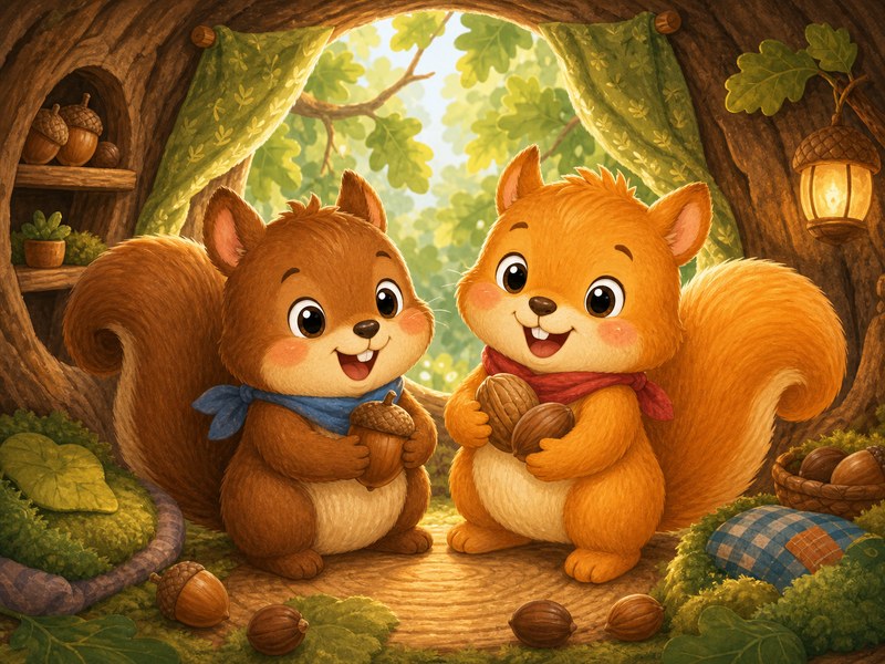 Nibbles and Skippy: The two squirrel brothers smile together inside their cozy tree hollow.