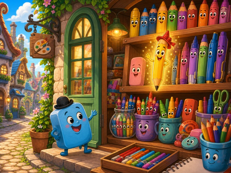 Pencilina, Rubert, and the Drawing That Came to Life: Pencilina and Rubert wait among lively art supplies inside the magical stationery shop.