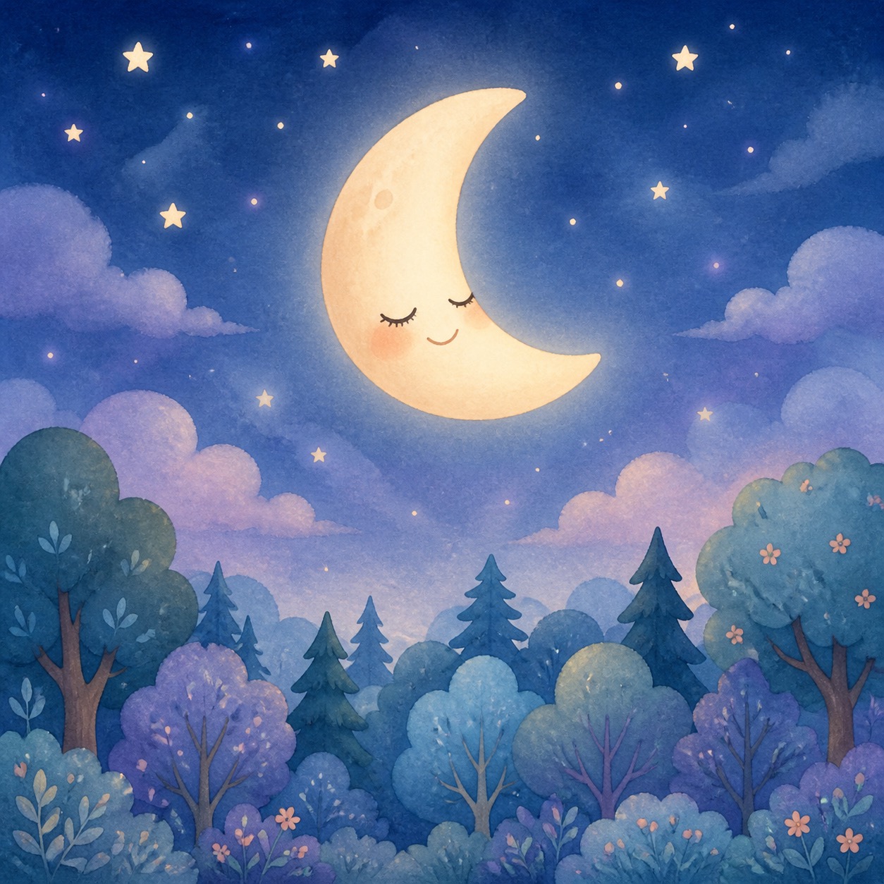 The Moon Says Goodnight: A gentle smiling moon opens her sleepy eyes above a soft nighttime forest.