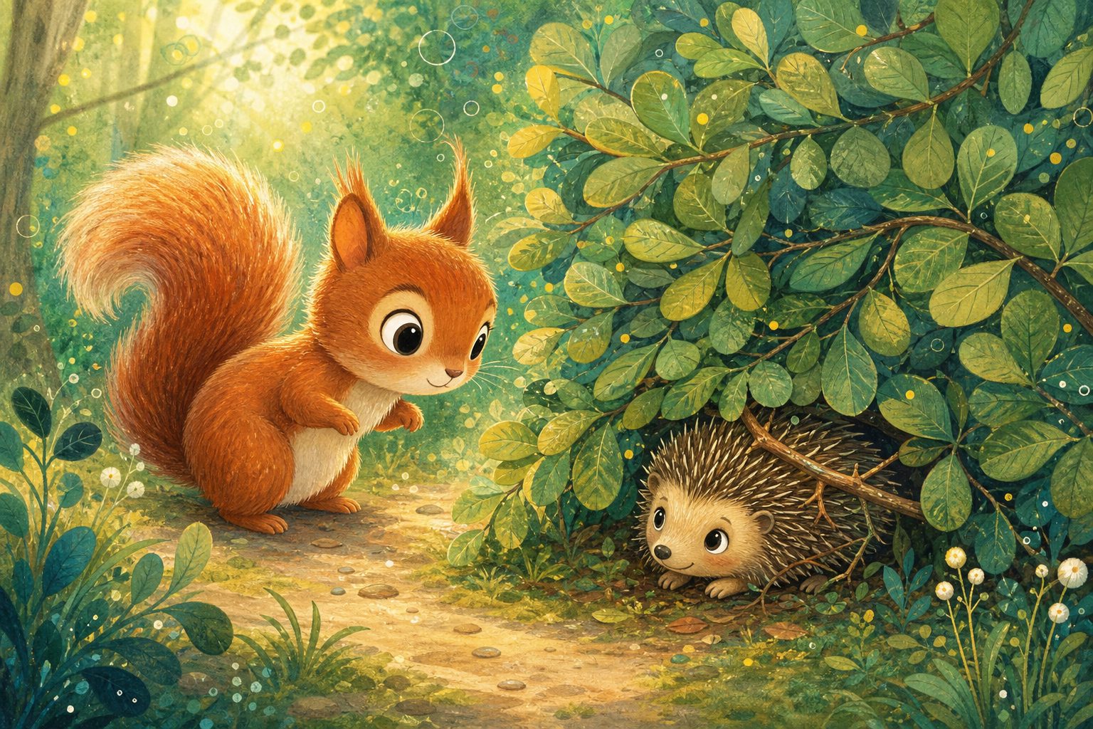 Rosie the squirrel discovers a hedgehog caught beneath a leafy branch.