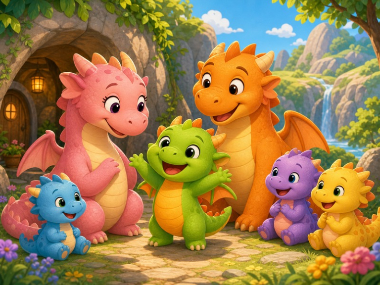 Sparky's Big Day: Sparky smiles with Mama Dragon, Papa Dragon, and his cuddly dino cousins outside their cozy valley home.