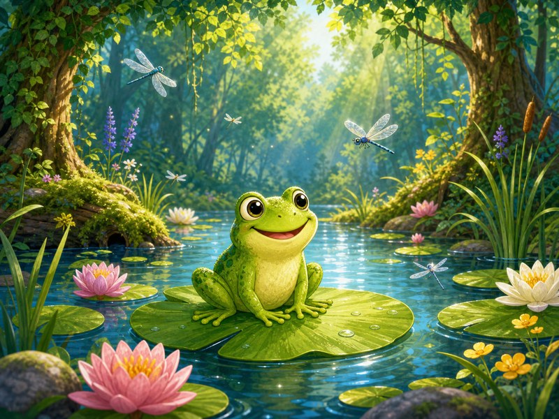 Tilly the Copycat Frog: Tilly sits proudly on the prettiest lily pad in the middle of the forest pond.