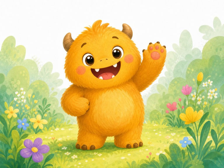 Yawnkin and the Great Big Yawn: Yawnkin, a friendly fuzzy little monster, waves hello in a sunny garden.