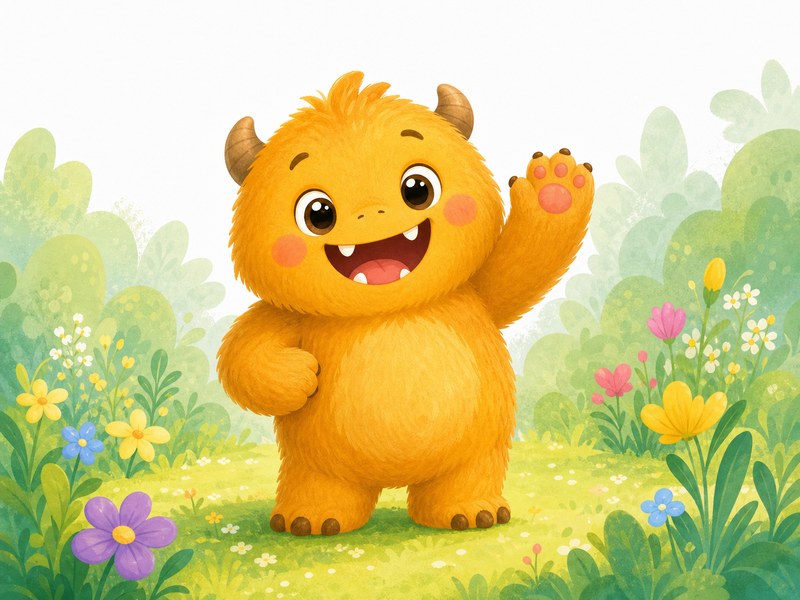 Yawnkin and the Great Big Yawn: Yawnkin, a friendly fuzzy little monster, waves hello in a sunny garden.