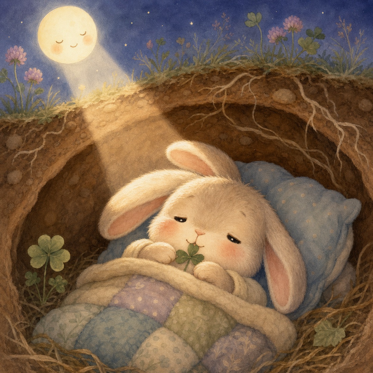 The Moon Says Goodnight: A baby rabbit snuggles in a warm burrow as moonlight brushes his ears.