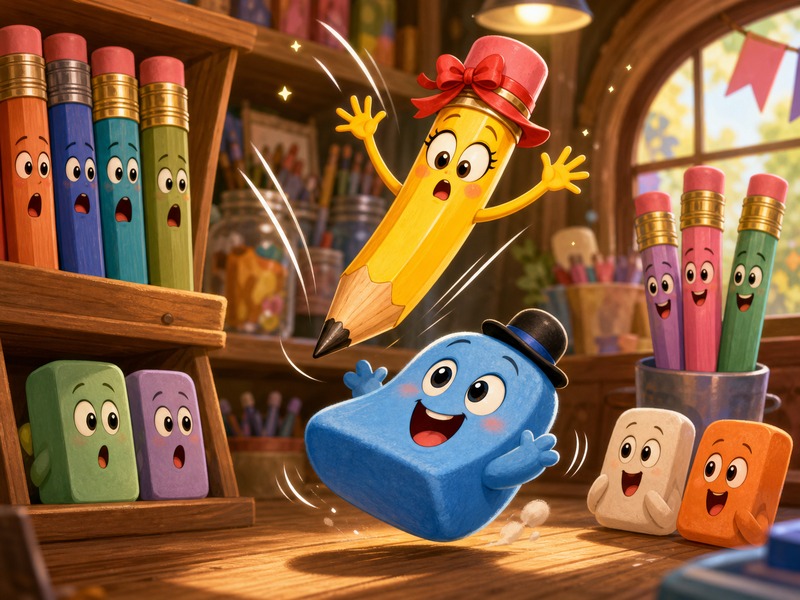 Pencilina, Rubert, and the Drawing That Came to Life: Rubert bounces under Pencilina and catches her after she wobbles off the shelf.