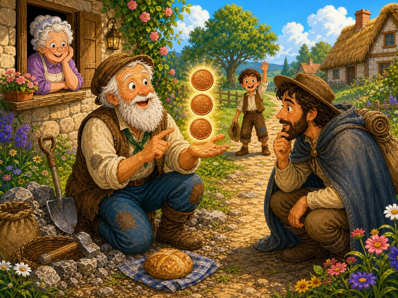 The Three Pennies: The old stonebreaker explains how he uses his three pennies for his mother, his son, and himself.