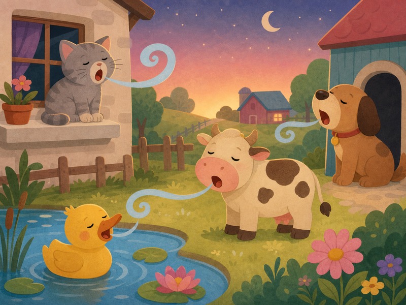 The Sleepy Yawn: The tiny blue yawn tickles the cat, dog, cow, and duck until they all feel sleepy.
