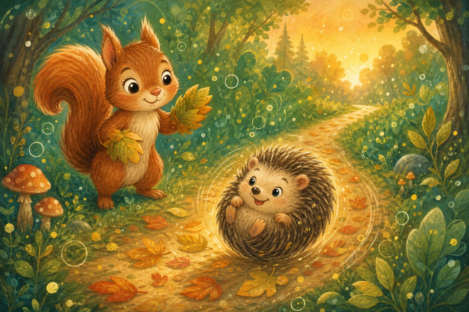 The rescued hedgehog rolls happily home while Rosie smiles nearby.
