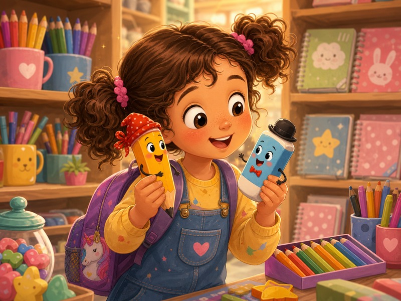 Pencilina, Rubert, and the Drawing That Came to Life: Lily chooses Pencilina and Rubert together in the warm stationery shop.