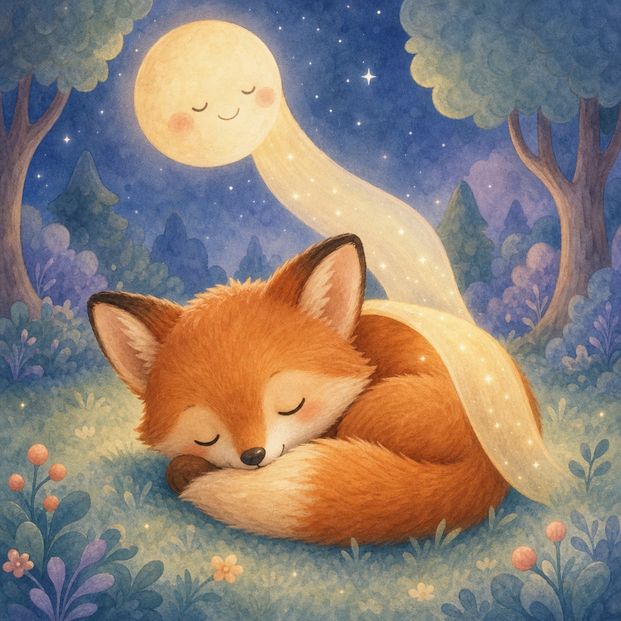 The Moon Says Goodnight: A sleepy baby fox curls into a ball while a ribbon of moonlight rests on his back.