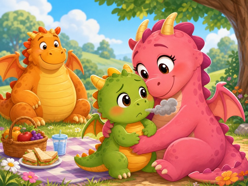 Sparky's Big Day: Mama Dragon gives Sparky a warm hug after only a tiny puff of smoke comes out.