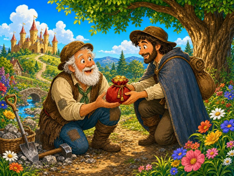 The Three Pennies: The disguised king rewards the wise old stonebreaker with a small purse of gold.