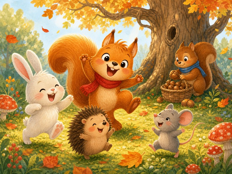 Nibbles and Skippy: Skippy dances with the bunny, hedgehog, and mouse while Nibbles gathers nuts.